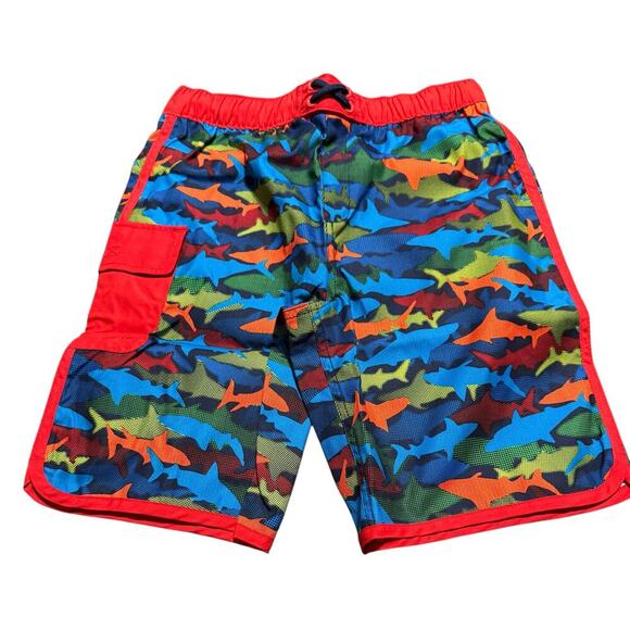 NWT Lands’ End Boy Big Kid Navy Blue Red Sharks Drawstring‎ Swim Trunks XL 14-16 - Picture 1 of 6